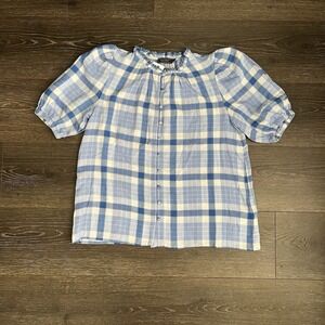 Vineyard Vines Ruffle Neck Plaid Top Puff Sleeve Blue Womens XS Cottagecore Prep